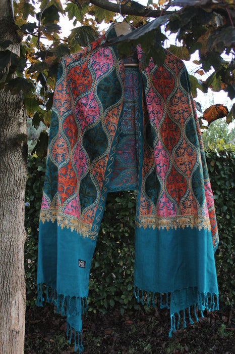 Cosy Embroidered Shawl - Teal