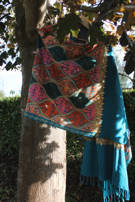 Cosy Embroidered Shawl - Teal