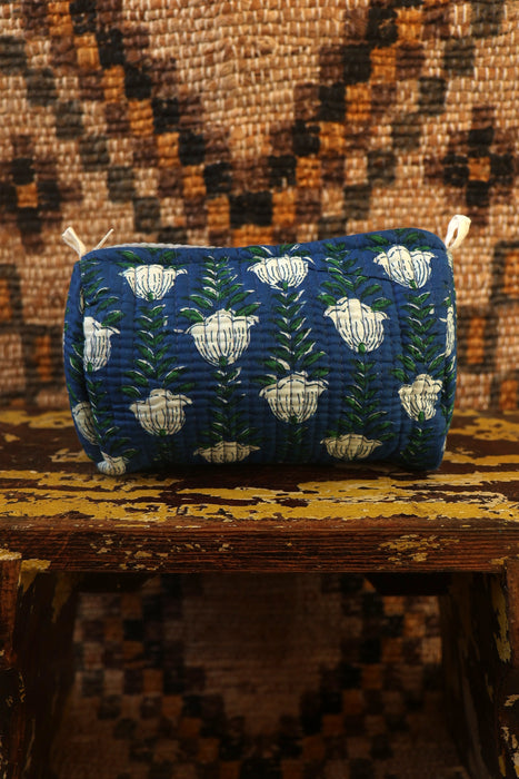 Block Print Washbag - Blue Flowers