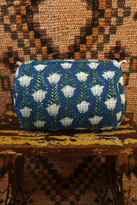 Block Print Washbag - Blue Flowers