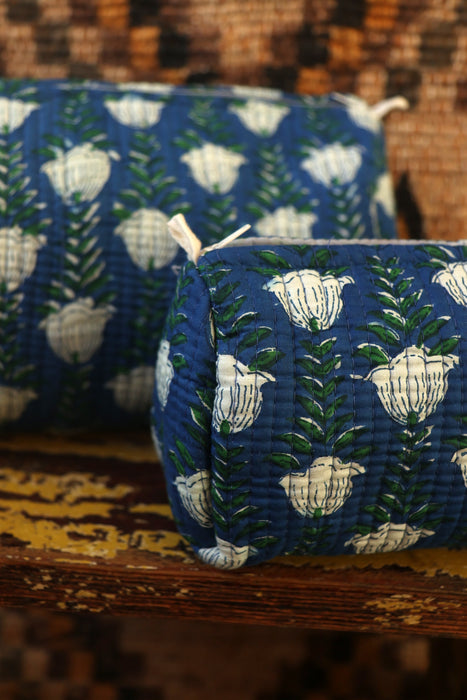 Block Print Washbag - Blue Flowers
