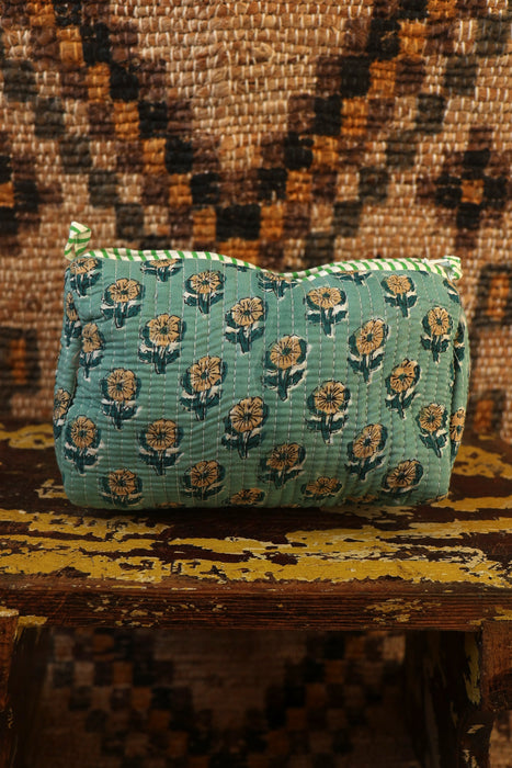 Block Print Washbag - Mint Flowers