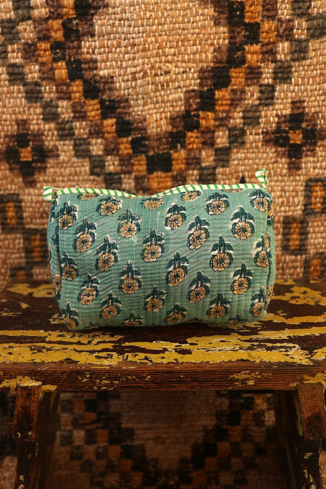 Block Print Washbag - Mint Flowers