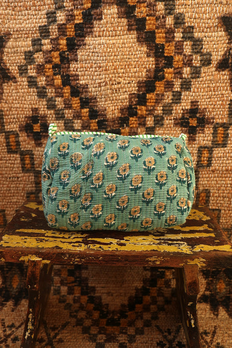Block Print Washbag - Mint Flowers